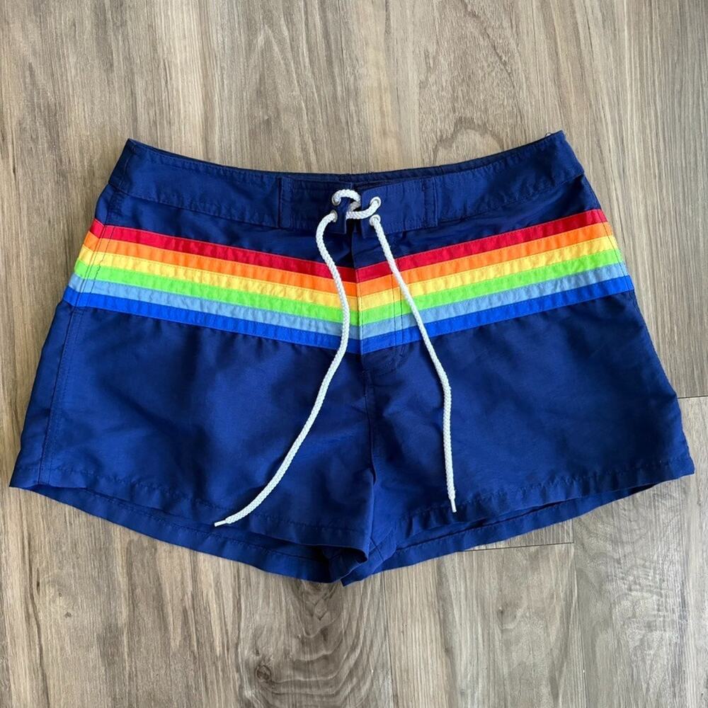 Vintage 1980s Rainbow Swim Trunks Men's Size 28" Waist 2" Inseam Blue RARE
